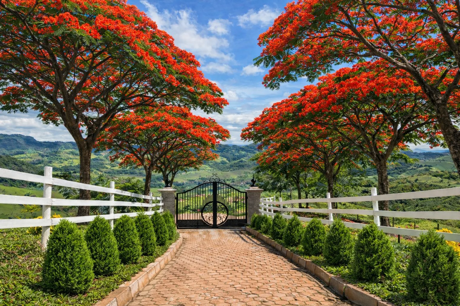 Projeção da portaria em 2 anos — flamboyants jovens e tuias crescidas