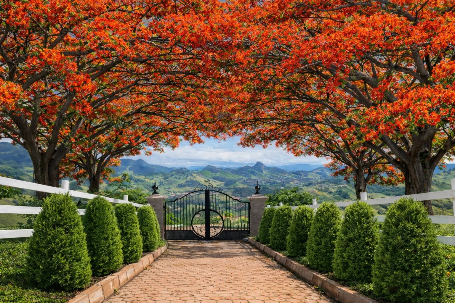 Projeção da portaria em 5 anos — túnel de flamboyants floridos