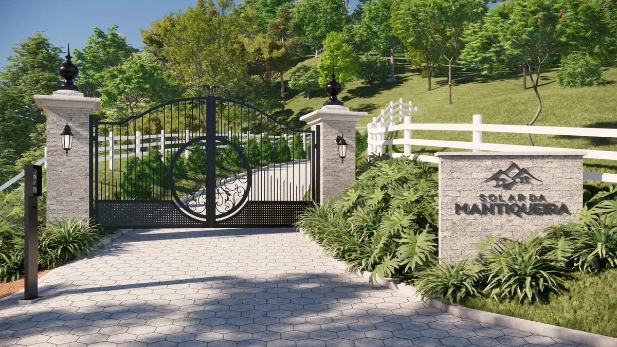 Render 3D da portaria do Solar da Mantiqueira — vista frontal