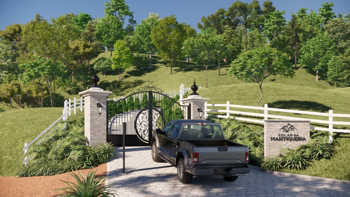 Render 3D da portaria do Solar da Mantiqueira — vista com veículo
