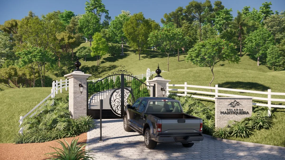 Render 3D da portaria do Solar da Mantiqueira — vista com veículo