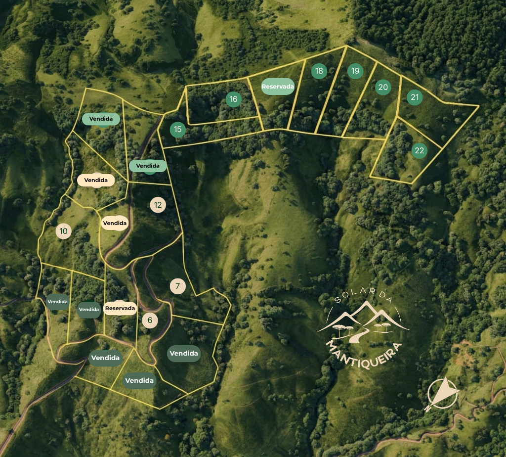 Mapa do empreendimento Solar da Mantiqueira com as 22 chácaras numeradas