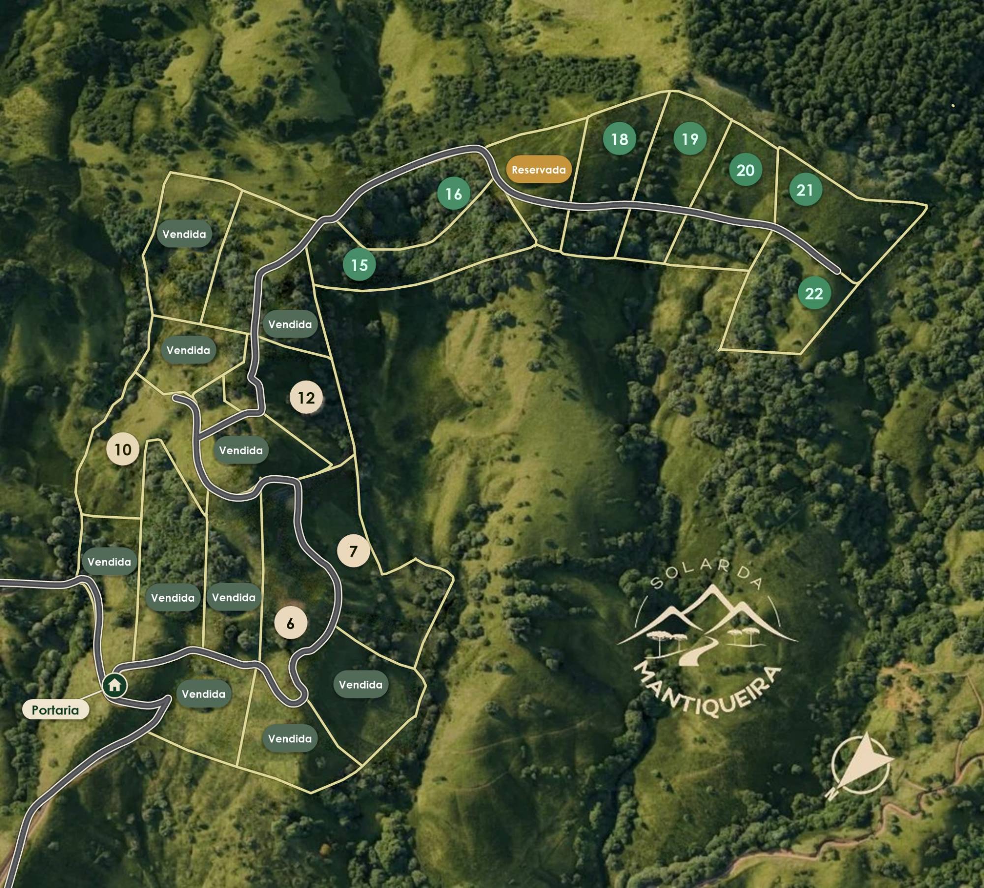 Mapa do empreendimento Solar da Mantiqueira com as 22 chácaras numeradas